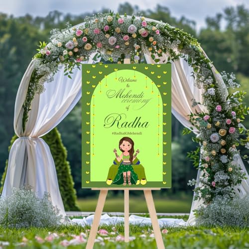 Party Perfect Designs Mehndi Welcome Board, Personalised Name & Date, Multiple Design & Colour Options, 3mm and 5mm Thickness (Mehndi Neon Green)