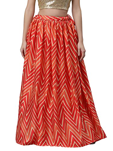 studio rasa Satin Chevron Print Bias Skirt for Wedding Festive Party (SKTC421RC19M_Red_Medium)