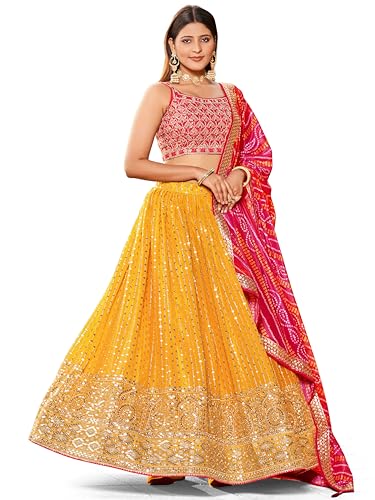 Zeel Clothing Women's Real Mirror Work Georgette New Semi-Stitched Lehenga Choli With Dupatta (5077-Yellow-Pink-Wedding-Designer-New; Free Size)