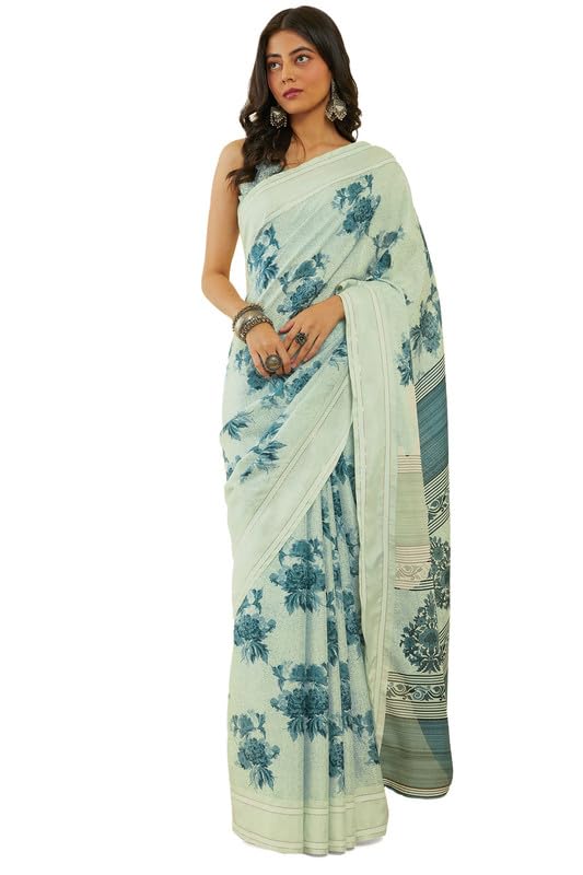 Soch Womens Light Green Floral Print Art Silk Saree