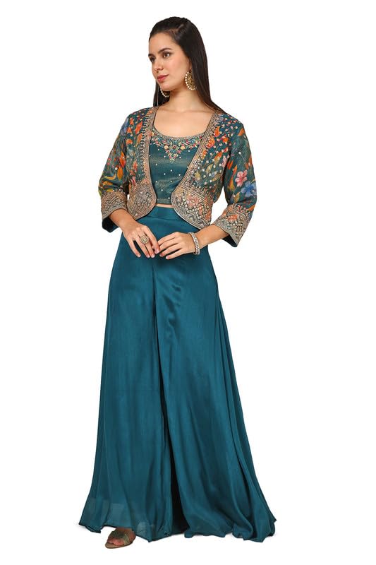 Soch Womens Teal Tissue Embroidered Co-Ord Set With Sequins