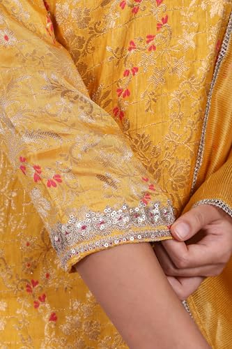 W for Woman Yellow Floral Jacquard Straight Kurta with Sharara and Dupatta Set - (WS13244-314323-S)