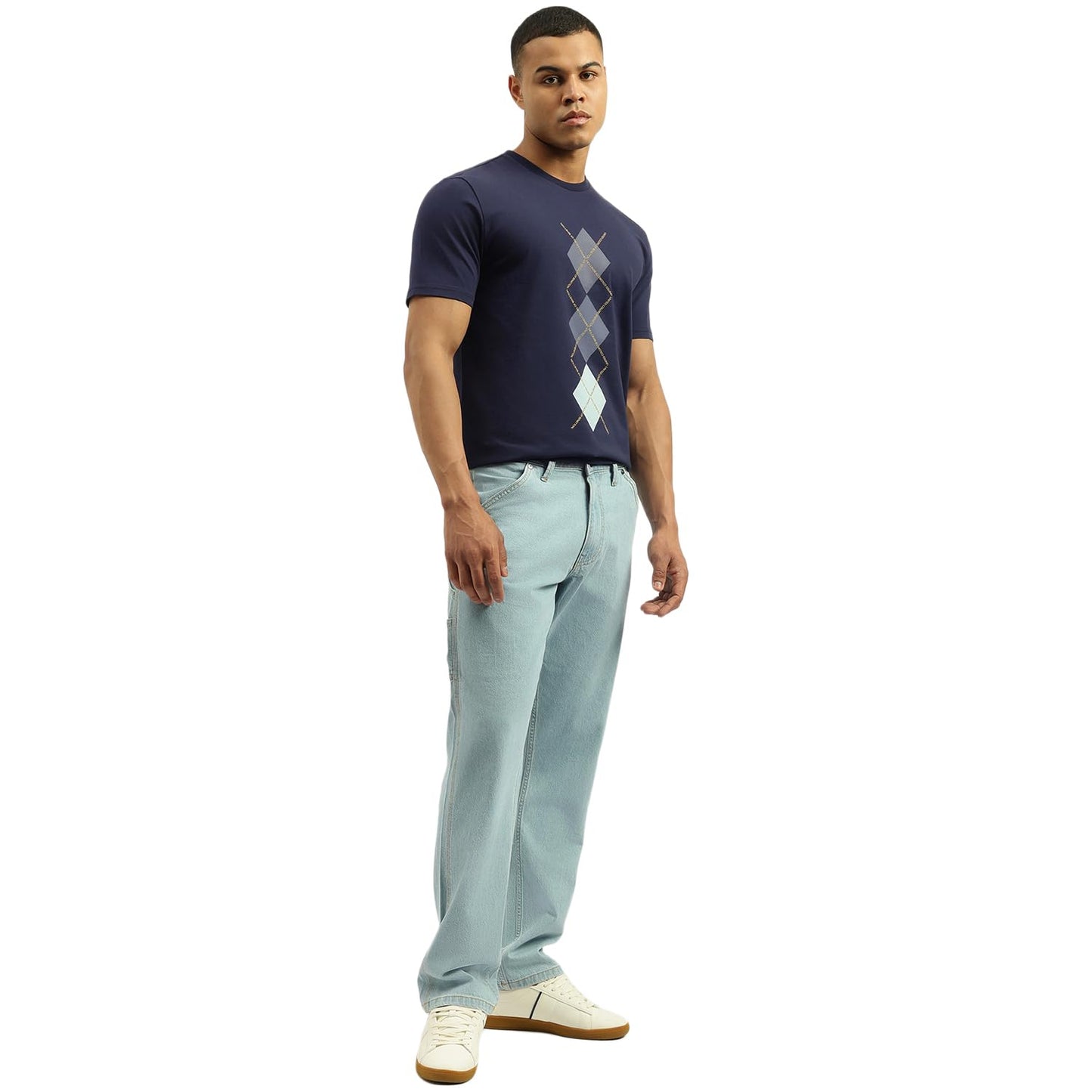 United Colors of Benetton Relaxed Fit Crew Neck Gradation Argyle T-Shirt (Size: 3XL)-25A3E99J3304I252 Blue