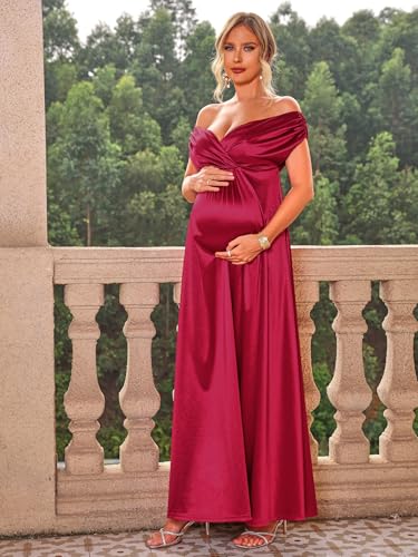 Marivoné® Off Shoulder Maternity Maxi Dress | V Neck Flowy Pregnancy Gown for Photoshoot | Baby Shower Dress | L | Red