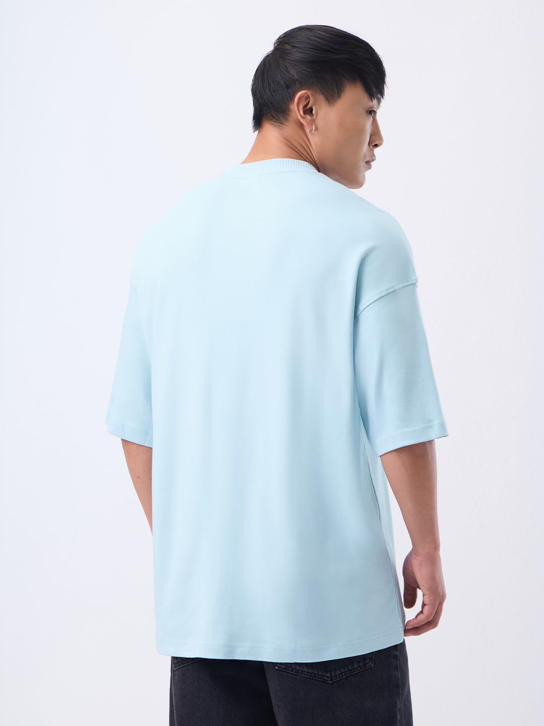 The Souled Store Super-Oversized Tee: Storm Sky Men and Boys Short Sleeves Round Neck Light Blue Solid Embossed Logo Drop Shoulder Casual Streetwear Super Oversized T-Shirts