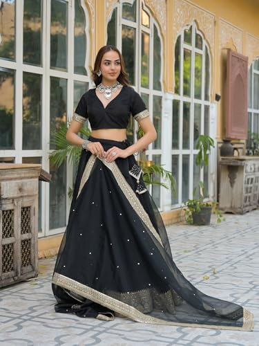 Divena Black Solid Organza Lehenga with Choli and Dupatta