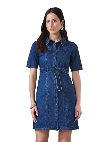 Latin Quarters Women's Blue Solid Half Sleeves Collared Casual Shirt Dress_S