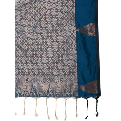Kalyan Silks Women's Blue Silver Zig Zak Desigen Semi Silks Saree With Temple Border With Zari Blue Blouse