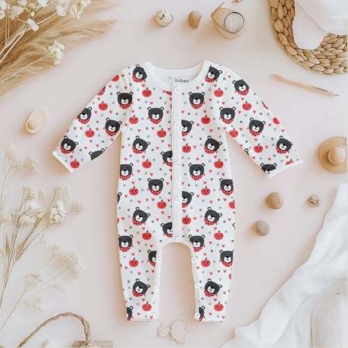 Kidbea Organic Cotton Full Sleeve Romper | Leaf & Bear Print Romper/Bodysuit (Grey, Pink & Green, 18-24 Months)