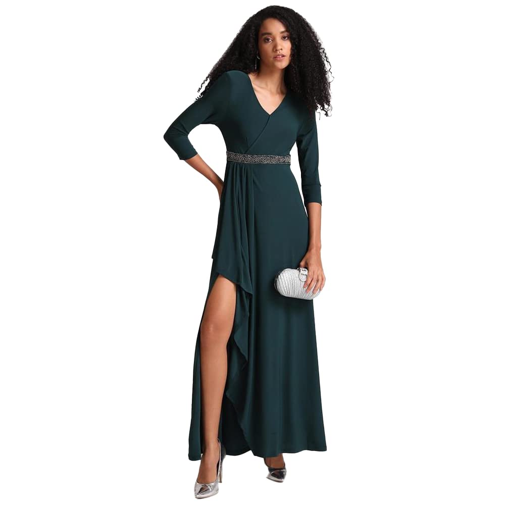 Kazo Embellished Polyester Blend Round Neck Women's Maxi Dress (Green,Small)