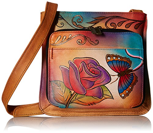 Anna by Anuschka Genuine Leather Slim Shoulder Organizer | Hand-Painted Original Artwork | Rose Butterfly