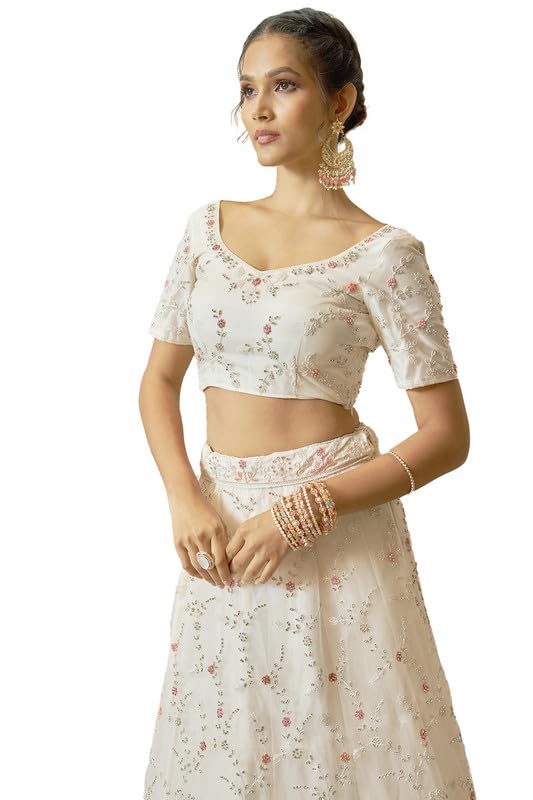 Soch Womens Off White Net Floral Embroidered Stone Embellished Unstitched Lehenga Set