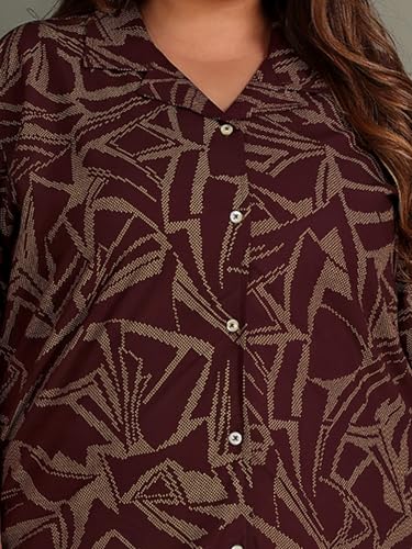 TITTLI Women All-Over Printed Rayon Shirt & Pyjama Nightsuit | Shirt Collar & Short Sleeves | 2 Pockets and Elasticated Waist Pyjama | Comfortable Plus Size Nightsuit Wine