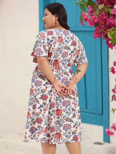 wild U Women Plus Size Western Dress | Floral Print | Midi | Rayon Fabric | Stylish (Off White Pink, Size: 6XL)
