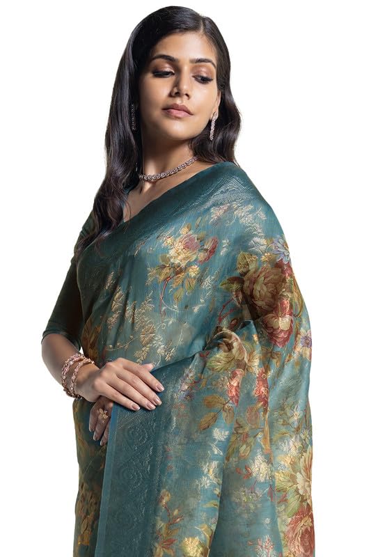 Soch Womens Teal Chanderi Floral Print Saree With Tassels