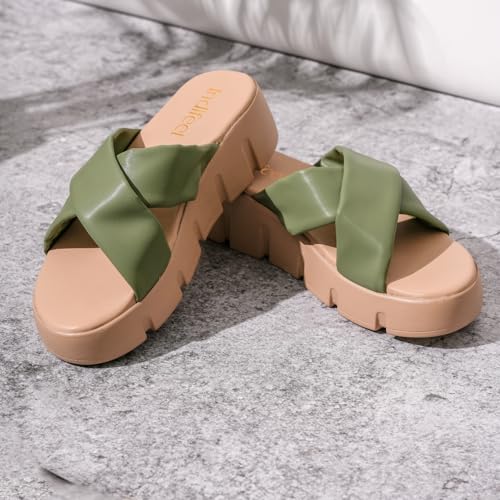 Indifeet Chunky Platform Heels for Women, Olive Green, UK 5