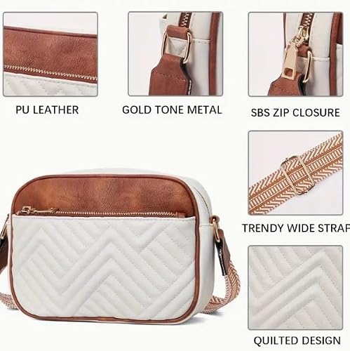 ITALISH Women Leather Crossbody Sling Bag in Geometric Pattern (White And Tan)