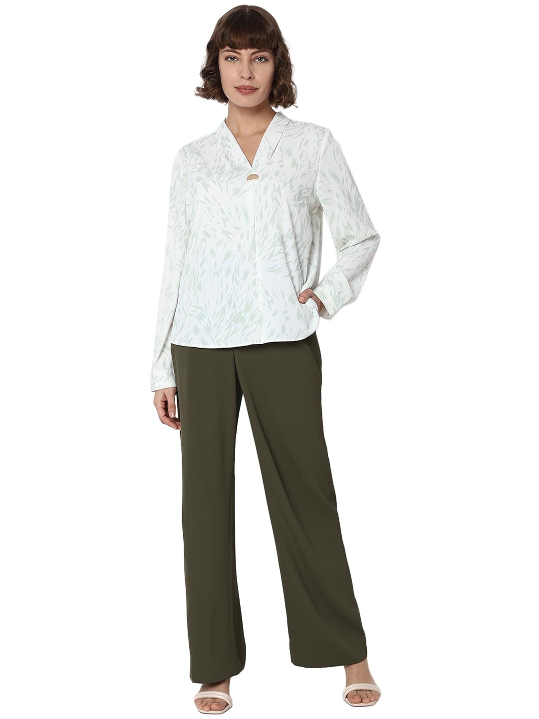 VERO MODA Women Printed Polyester Regular Fit Off White Top