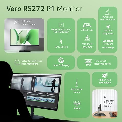 Acer RS272 P1 27 Inch IPS FHD Monitor | 144Hz Refresh | 1ms VRB | AMD FreeSync | Ultra Slim 6.9mm ZeroFrame Design | HDMI + VGA | 99% sRGB | Dual Glass Design | Built-in Speakers | Tilt Adjustable