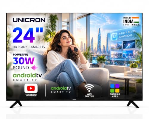 UNICRON 24 Inch Android Smart TV, HD+ LED Television with Bazeless Frame, 30 Watt Sound Speaker, WiFi Enabled & IPS A+ Display Panel HDR Support