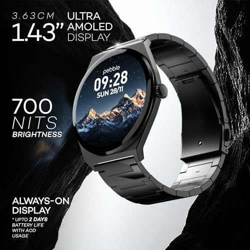 Pebble Royale Steel Luxury Metal Smartwatch | Ultra-Slim Stainless Steel Body, 1.43” Ultra AMOLED Display, Always-On Display, Bluetooth Calling, DIY Watch Faces (Black)