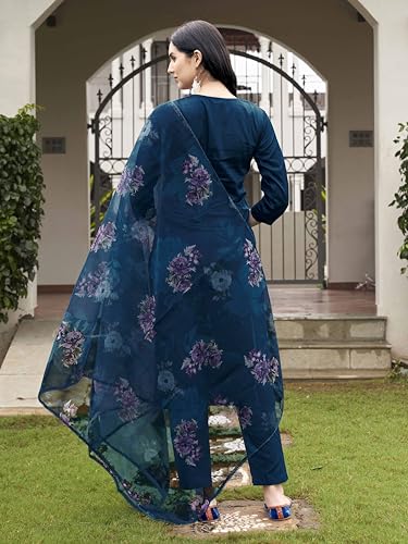 Womanista Women's Teal Blue Color Cotton Blend Multi Embroidered Kurta Set With Printed Organza Dupatta(Kurtaset_1339_L)