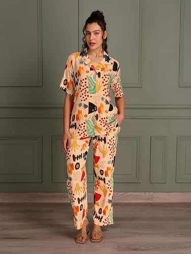TITTLI Women Digital Printed Nightsuit | Shirt and Pyjama Co-Ord Set | Short Sleeve Sleepwear | Comfortable Nightwear with Pockets | Comfort in Travel | L | XL | XXL Cream