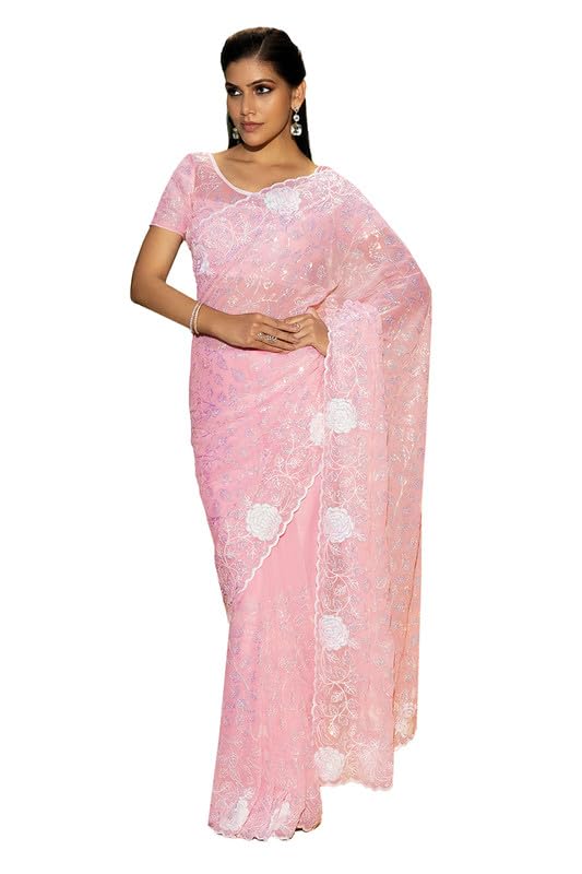 Soch Womens Pink Georgette Saree With Sequins Work