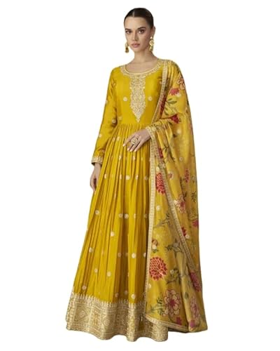 Miss Ethnik Women's Yellow Chinon Stitched Gown With Dupatta Full Sleeve Embroidered A-Line Gown (ME-1308-Yellow-3XL)