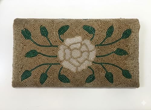 OLL OO LA LA BEAUTY Beaded Clutch Bag for Women | Floral Zardozi Style Purse | Sling Bag | Wedding Clutch | Party, Wedding, Bridal, & Festive Accessory (Brown/Gold with Multi-Colour Flowers)