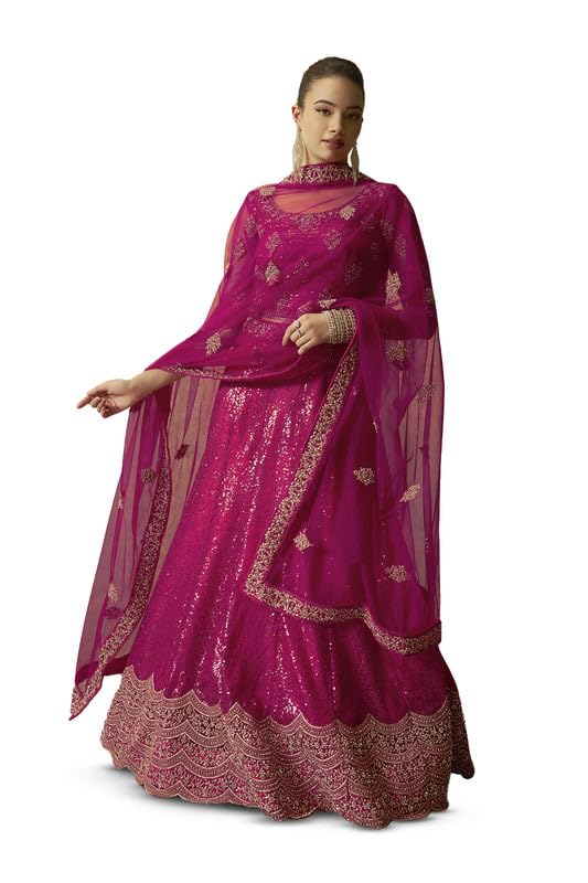 Soch Womens Fuchsia Net All-Over Sequins Embroidered Unstitched Lehenga Set