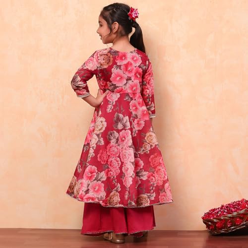 Biba Girls Wine Flared Poly Modal Printed Kurta suit set