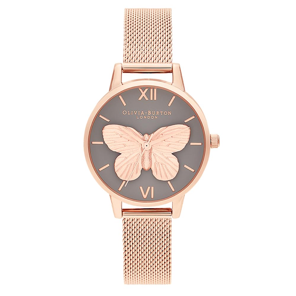 Olivia burton 3D Butterfly Qtz Basic Grey & Butterfly Round Dial Women's Watch|Ionic Plated Rose Gold Steel Material|Gold Color Band - OB16MB28