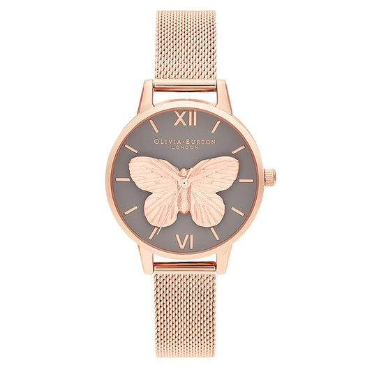 Olivia burton 3D Butterfly Qtz Basic Grey & Butterfly Round Dial Women's Watch|Ionic Plated Rose Gold Steel Material|Gold Color Band - OB16MB28