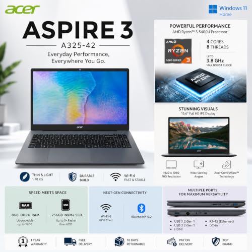 Acer Aspire 3 Laptop A325-42 | 15.6" (39.6 cm) FHD IPS Display | AMD Ryzen 3 5400U | 8GB DDR4 RAM | 256GB NVMe SSD | Windows 11 Home | AMD Radeon Graphics | Wi-Fi 6 | Steel Gray | 1.78 Kg