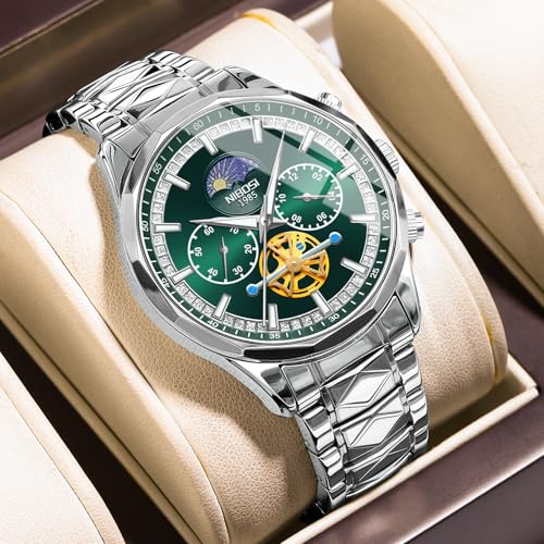 NIBOSI Chronograph Fly Wheel Watch For Men Analog Quartz Dress Diamond Business Stainless Steel Watches Date Luxury Men's Wristwatch|Birthday Gift For Men|Gift For Husband,Brother (Silver-Green)