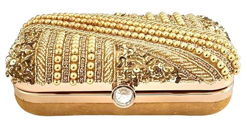 DUCHESS Golden Pearl Embellished Clutch for Women | Sequin & Beaded Party Purse | Elegant Wedding Handbag for Girls | Stylish Bridal Accessory | Designer Evening Bag for Festive Occasions