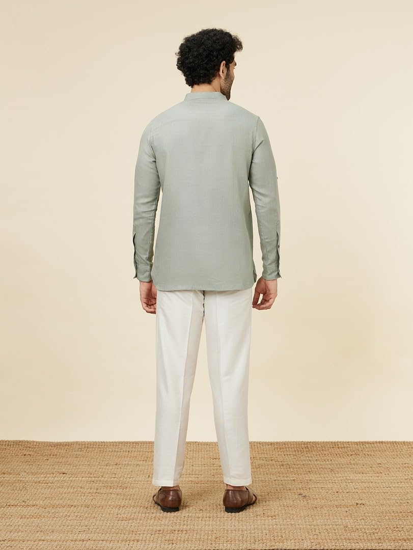 Manyavar Mens Pista Green Linen Short Kurta