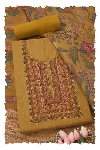 Soch Womens Mustard Linen Shimmer Embroidered Unstitch Dress Material With Thread Work