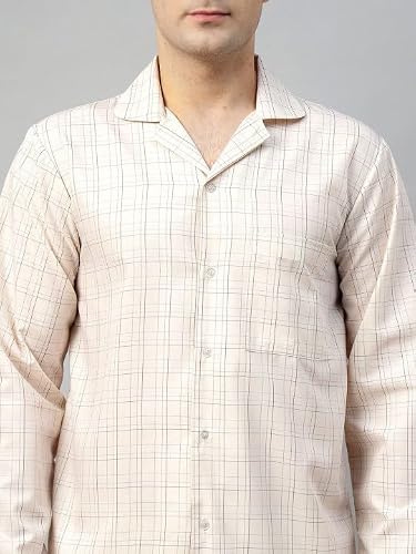 English Navy Men Checked Night Suit Beige S, Soft Breathable Fabric for a restful Night, Perfect for Bedtime and Home wear, Comfortable Relaxed fit for Lounging