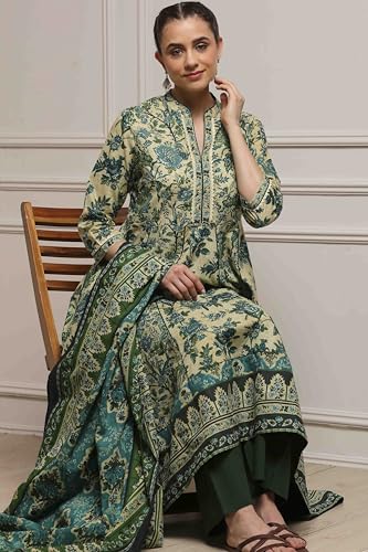 Biba Women Green Cotton Anarkali Printed Suit Set_36