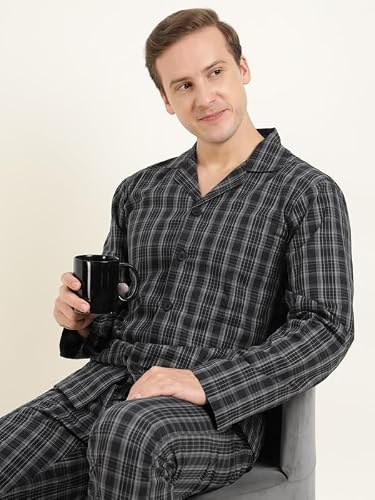 Hancock Men Cotton Checked Relaxed Fit Night Suit Black Size XL