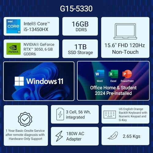 Dell G Series, Intel Core i5-13450HX, 13th Gen, NVIDIA RTX 3050-6GB, 16GB, 512GB SSD, FHD, 15.6"/39.62cm, Windows 11, MSO'24, Dark Shadow Gray, 2.65KG, [G15-5530], Backlit Keyboard, Gaming Laptop
