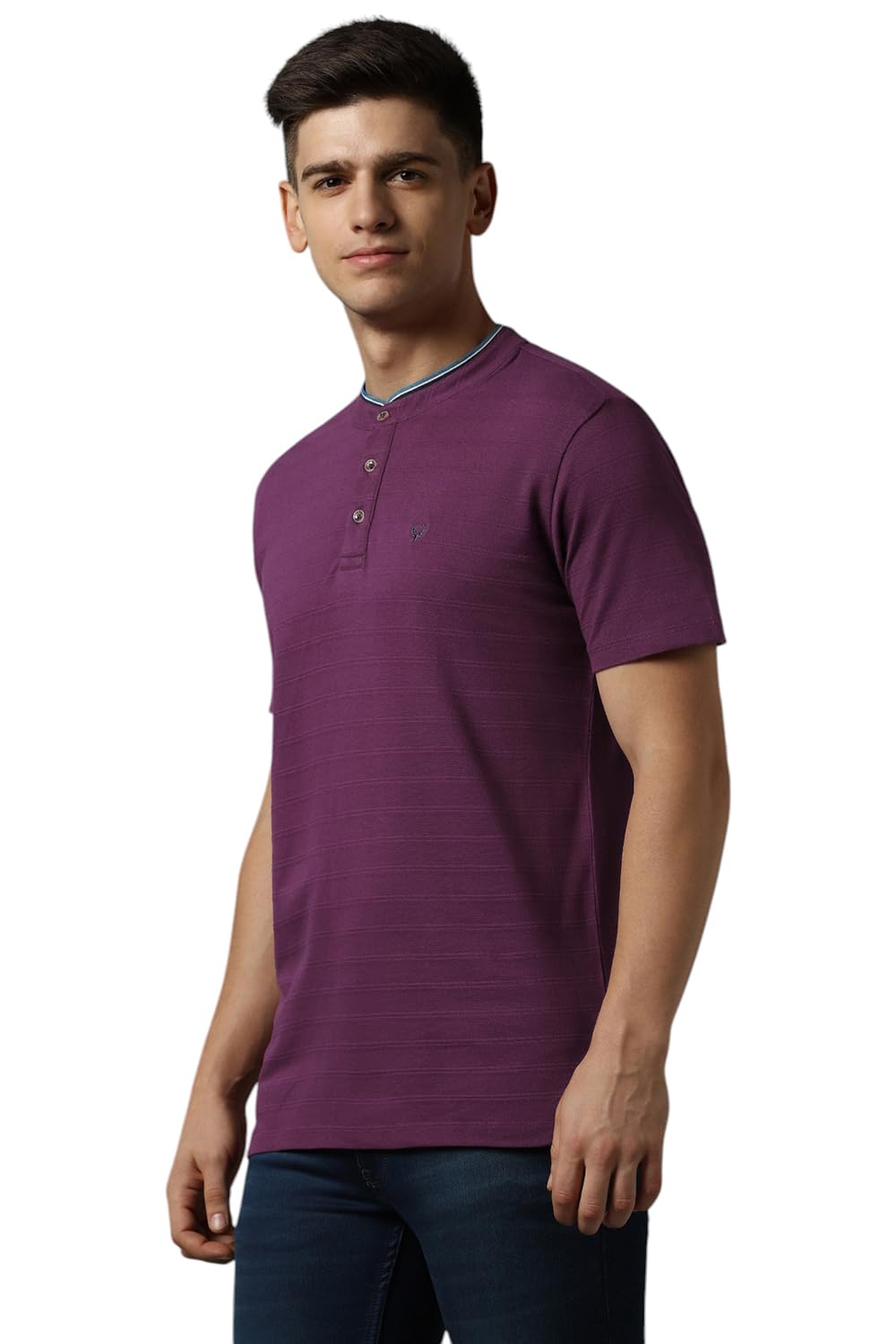 Men Pink Stripe Henley Neck T-Shirt