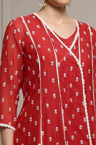 Biba Women Red Chanderi Embroidered Kalidar Suit Set_34