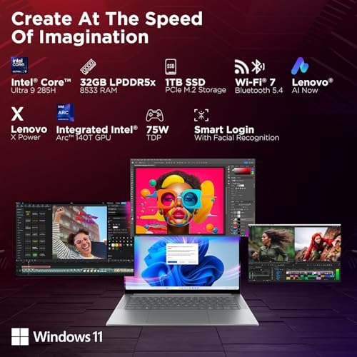 Lenovo Yoga Pro 7 Aura Edition Intel Evo Core Ultra 9 285H (32GB RAM/1TB SSD/14.5" (36.8cm)/3K OLED Touchscreen/AI PC/Copilot+ PC/Windows 11/Office Home 2024 AI Now/Grey/1.5Kg), 83KF004CIN