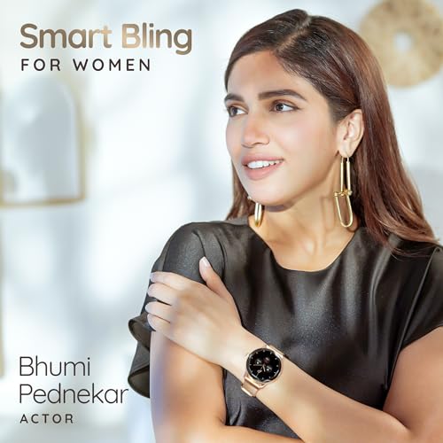 Pebble Vienna Smartwatch for Women with HD Display, Diamond-Cut Design, Glossy Metallic Finish, Mesh Metal Strap, Female Health Monitoring, DIY Watch Faces - Classic Gold