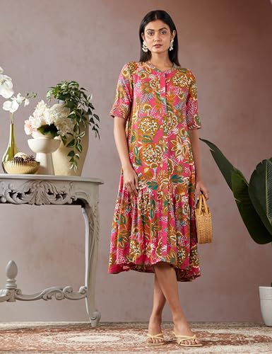 BIBA Women Printed Straight Calf Length Mix and Match Dress(Casual D2162_Fuchsia_40), 2XL