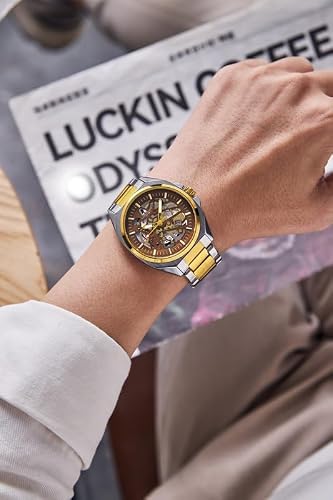 London Fog Portobello Collection Skeleton Analog Watch for Men with Mechanical Gear Dial, Luminous Hands & Hour Markers, Date Display and Two-Tone Brushed & Polished Stainless Steel Strap LFM10027-55