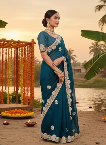 Glory Sarees Women's Silk Georgette Embroidery Work Saree With Blouse Piece (LF853_Teal)